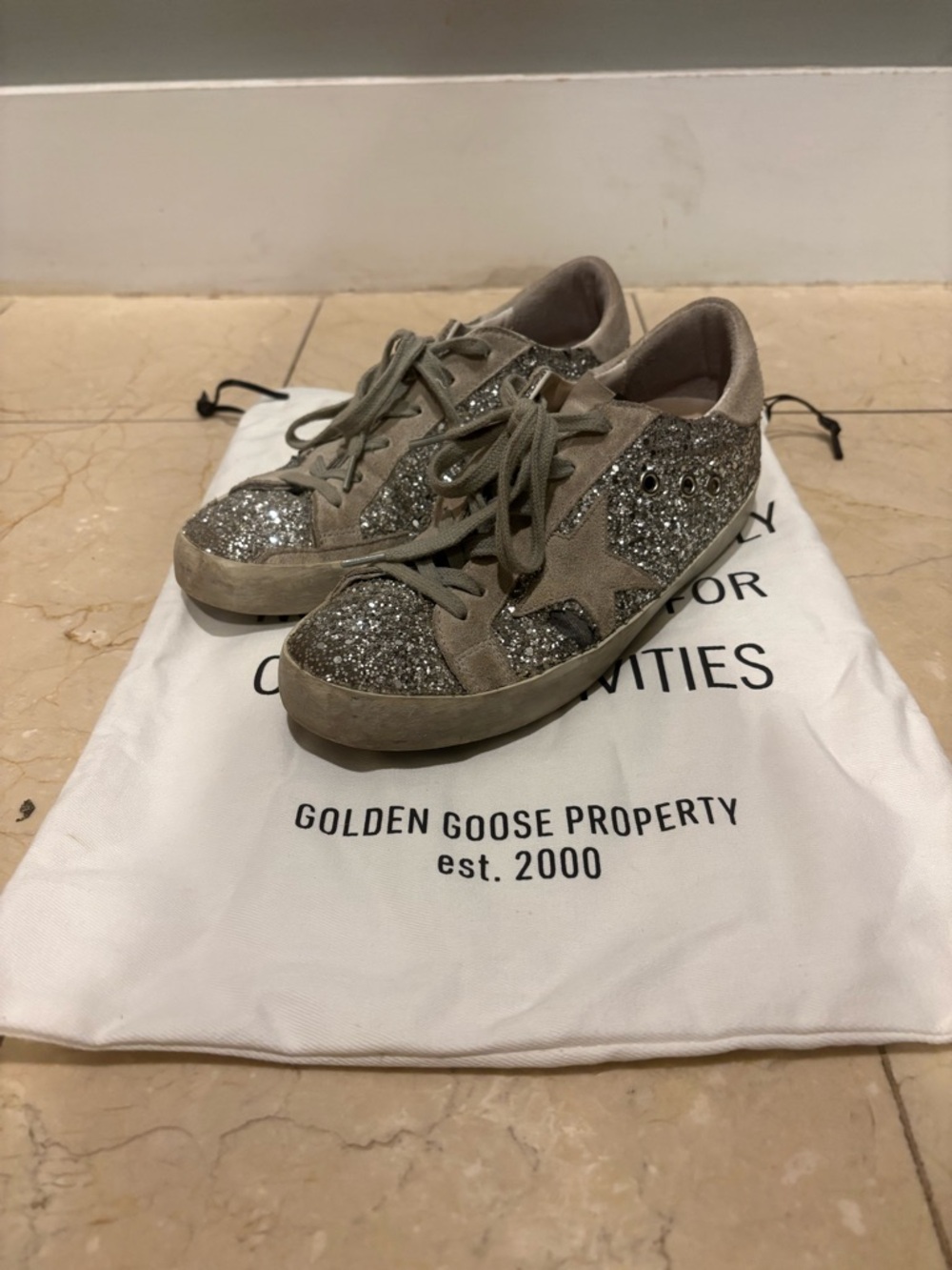 Golden Goose Silver Glitter Low-Top Sneakers with Beige Suede